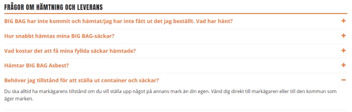 Skärmdump av diskussionsforum med vanliga frågor om upphämtning och leverans av BIG BAG-säckar.