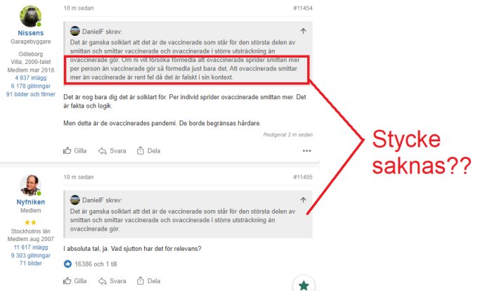 Diskussionsforumsskärmbild där en kommentar på ett inlägg har markerats med texten "Stycke saknas??