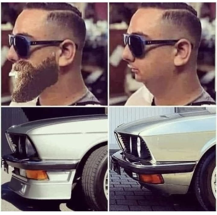 Två män med ovanliga frisyrer som liknar bilars front, den ena med skägg som grill.