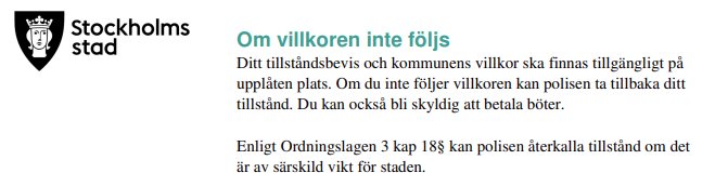 Logotyp för Stockholms stad över text som förklarar konsekvenser om villkor för tillståndsbevis inte följs.