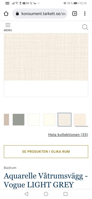 Skärmbild av Tarkett Aquarelle Våtrumsvägg - Vogue LIGHT Grey, en ljusgrå väggmatta för badrum.