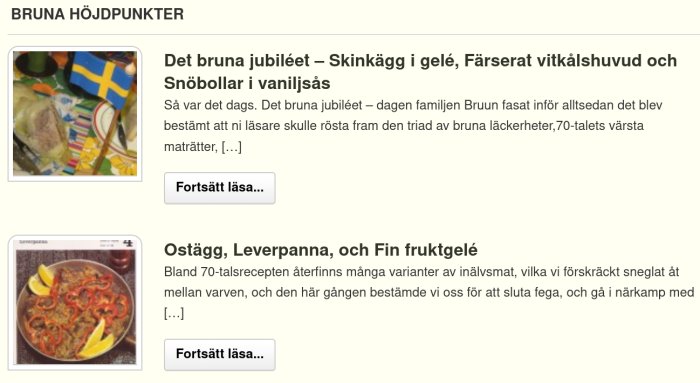 Skärmklipp från diskussionsforum med rubriker om retro maträtter och bilder på en skinka i gelé och en gryta.