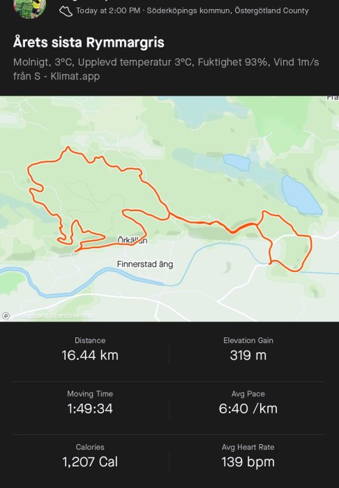 Skärmavbild av kartapp som visar löprunda med statistik: distans 16.44 km, tid 1:49:34, och höjdvinst 319 m.