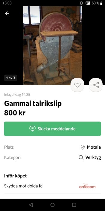 Äldre täljstensslipmaskin i ett verkstadsutrymme till salu för 800 kr.