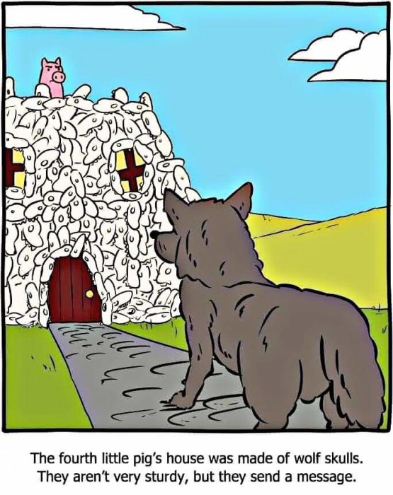 Illustration av en varg som tittar på ett hus byggt av vargskallar, med ett rosa gris inne på taket.