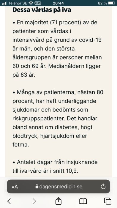 Skärmdump från en artikel om patientstatistik avseende Covid-19, med information om ålder och underliggande sjukdomar.