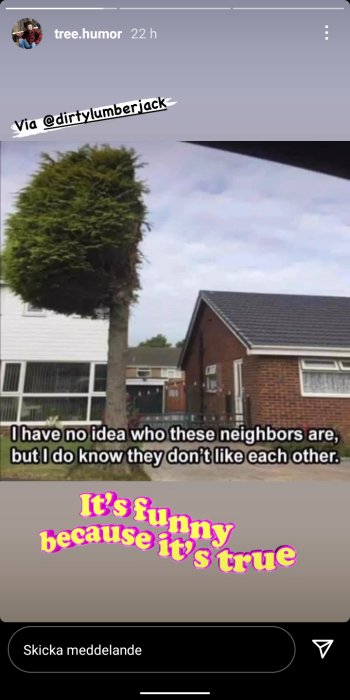 Två angränsande träd trimmade ojämnt för att illustrera grannars oenighet, med textkommentar.