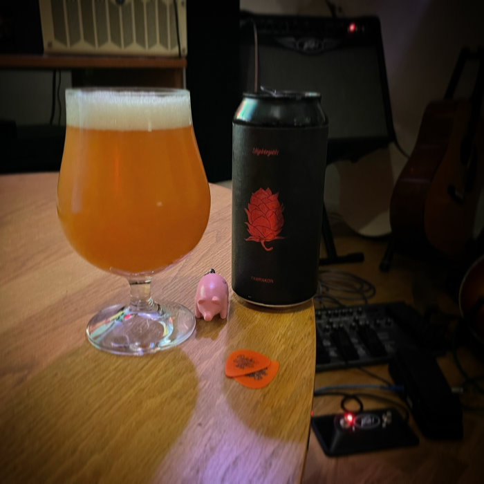 Ölglas fyllt med skummande öl, en ölburk och en liten rosa leksak, på ett bord framför dator och gitarrer.