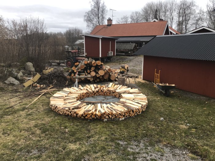 Rund vedhög utomhus med rå ved travad tätt, omgiven av byggnader och vedkapningsutrustning.