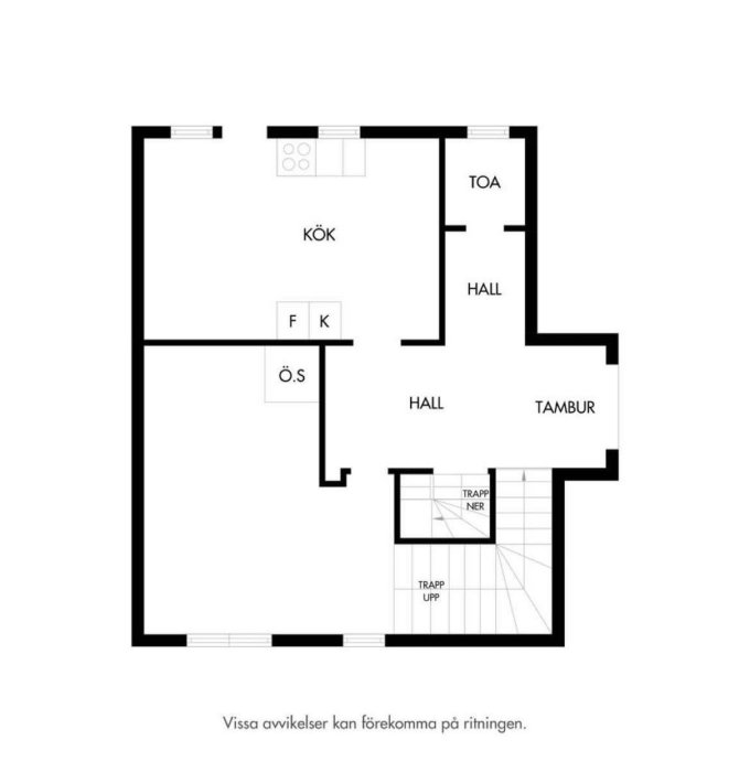 Svartvit planlösningsbild på första våningen av ett hus med kök, toalett, hall, tambur och trappa.