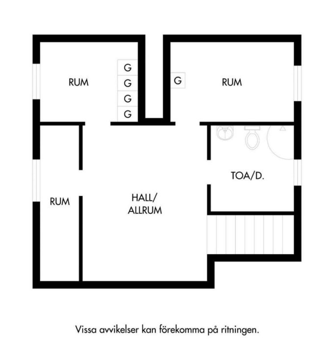 Svartvit planlösningsritning över ett hus med beteckningar för rum, hall/allrum och toalett/dusch.