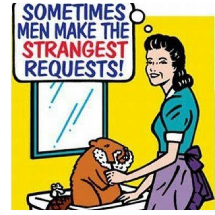 Retrostil illustration av kvinna som tvättar en tecknad bäver i handfat, med texten "SOMETIMES MEN MAKE THE STRANGEST REQUESTS!".