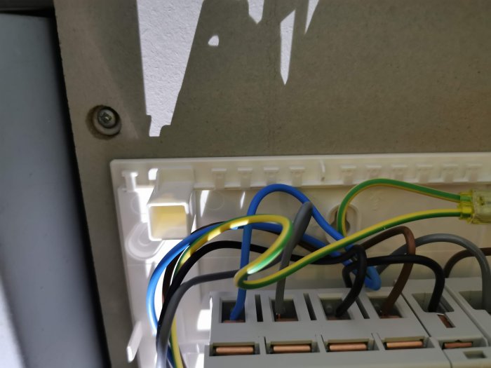 Elektriska ledningar med olika färger anslutna till en fasskena inuti ett öppet fasadskåp.