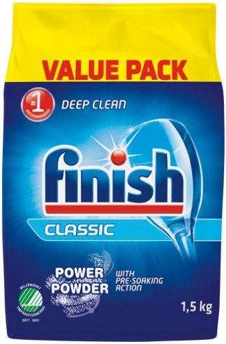 Förpackning av Finish Classic Power Powder diskmedel, 1,5 kg.