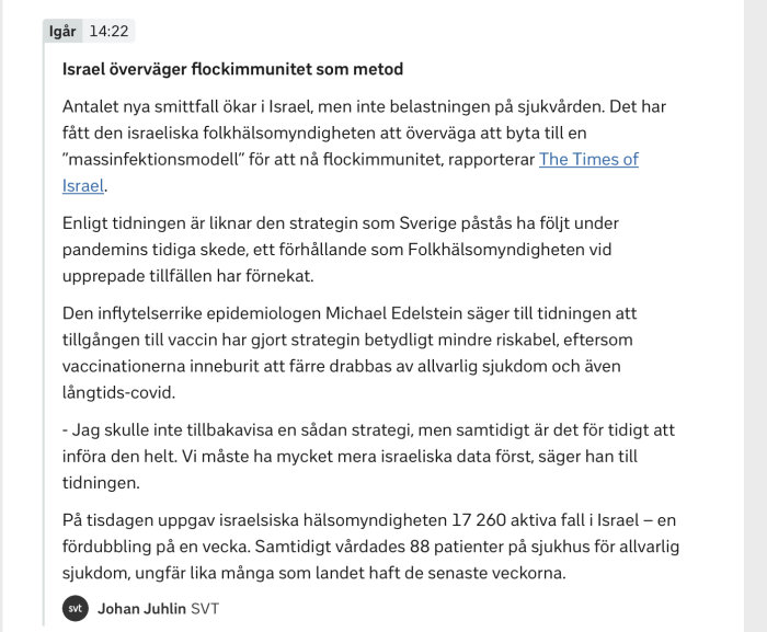 Skärmdump av en nyhetsartikel om Israels övervägande av flockimmunitet som strategi mot covid-19.