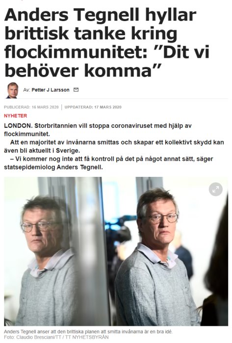Anders Tegnell reflekterar bredvid en spegelyta, källtext i bakgrunden om flockimmunitet.