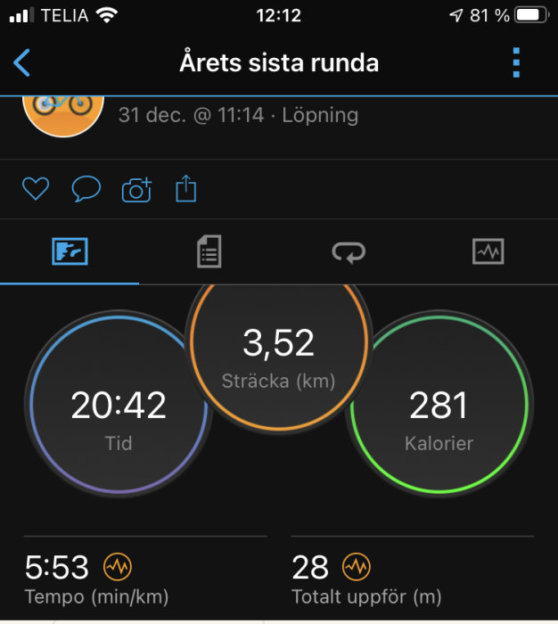 Skärmdump från fitness-app som visar statistik för löprunda med sträcka, tid, kaloriförbrukning, och tempo.