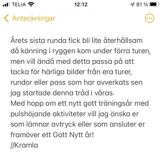 Skärmdump av text i en anteckningsapp som handlar om träning och nyårshälsningar.