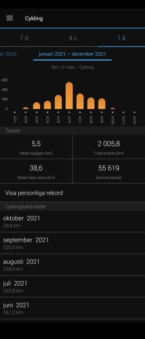 En skärmavbild av en cykelaktivitetsstatistik som visar antal kilometer cyklade och kalorier brända under 2021.