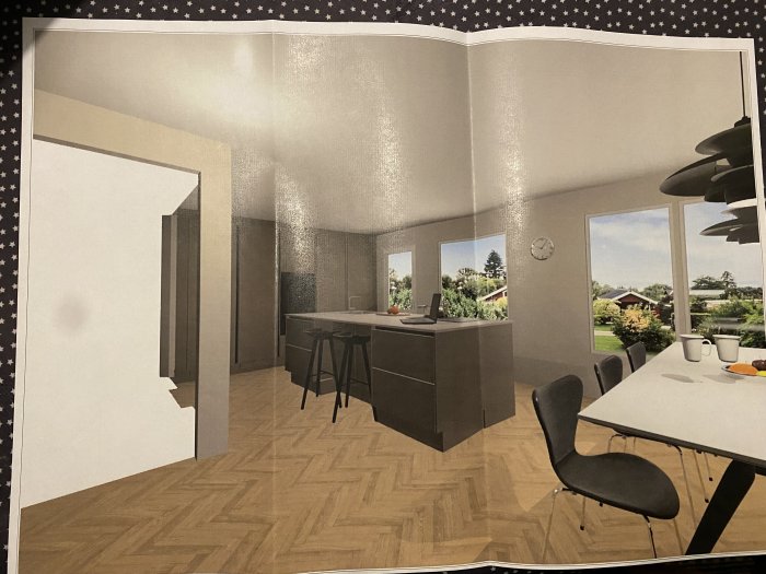 3D-utkast på modernt kök med ö-köksskåp, matplats och parkettgolv, stora fönster med utsikt.