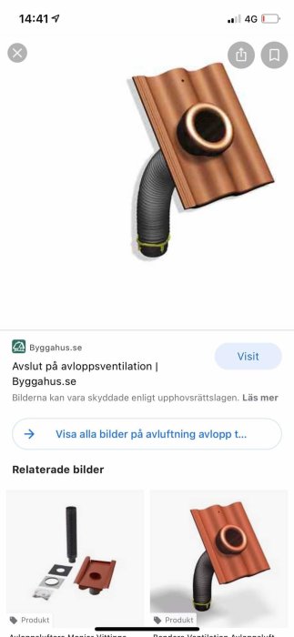 Tegelpanna med inbyggd ventilationsutgång och ansluten flexslang för avloppavluftning.