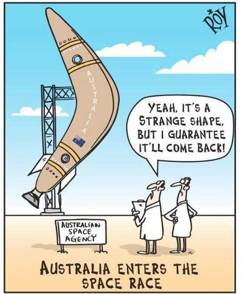 Tecknad bild av en boomerangformad raket med texten "Australia enters the space race" samt två figurer som kommenterar.