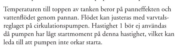 Textutdrag om värmeackumulatortankens temperatur, påverkan av panneffekt och vattenflöde, varning för att använda läge 1 på cirkulationspump.