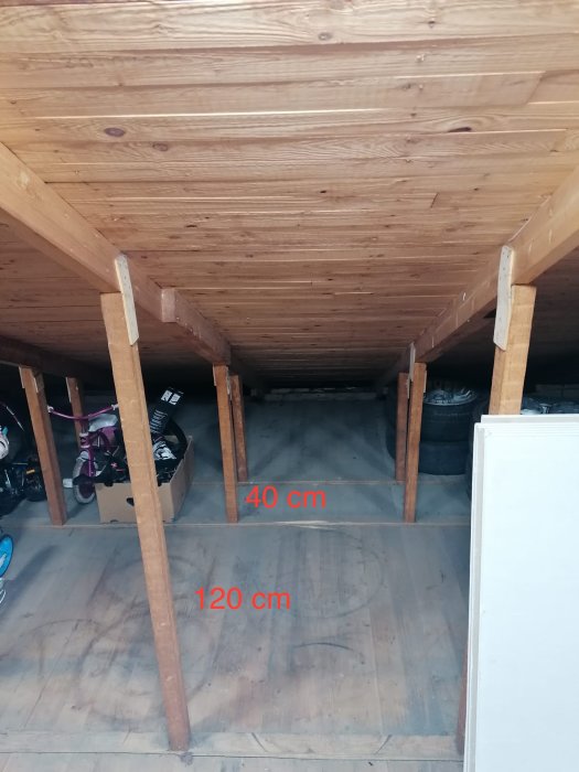 Trång vind med trägolv och stödstolpar, avstånd märkta på golvet, i renoveringsplanering.