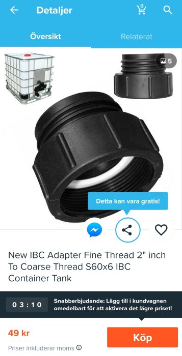 IBC-adapter med fina till grova gängor för anslutning till IBC-container.