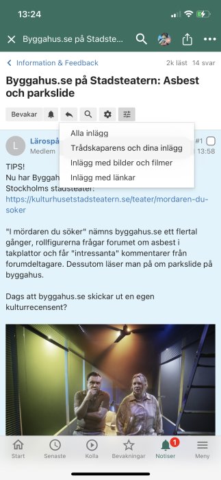 Skärmdump av diskussionsforum med öppet inlägg om asbest i takplattor och parkslide.