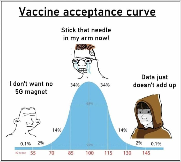 Satirisk bild med en kurva för vaccinacceptans och tecknade figurer med olika åsikter om vaccination.