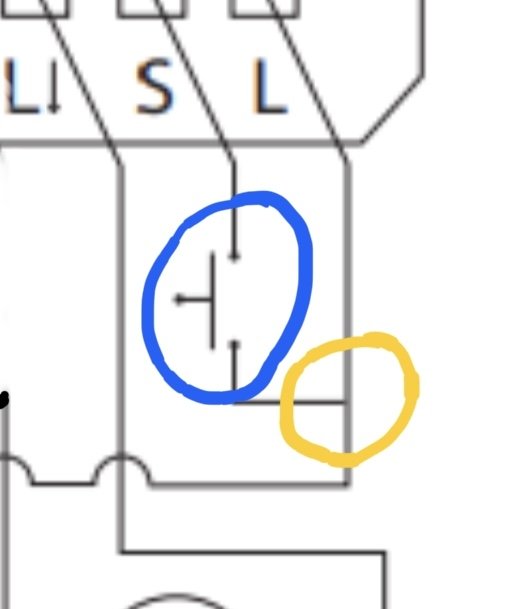 Elektriskt schema med en strömbrytare inringad i blått och en potentiell fjäder inringad i gult.