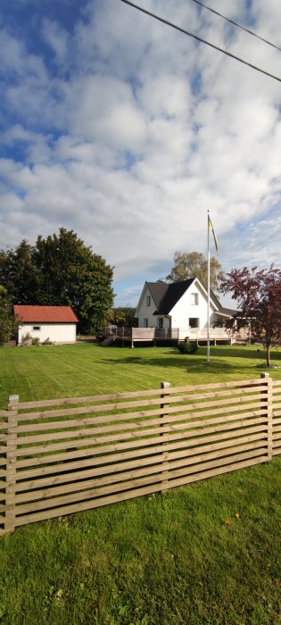 Ett vitt hus med svart tak och en fristående garagebyggnad, grön gräsmatta och svensk flaggstång.