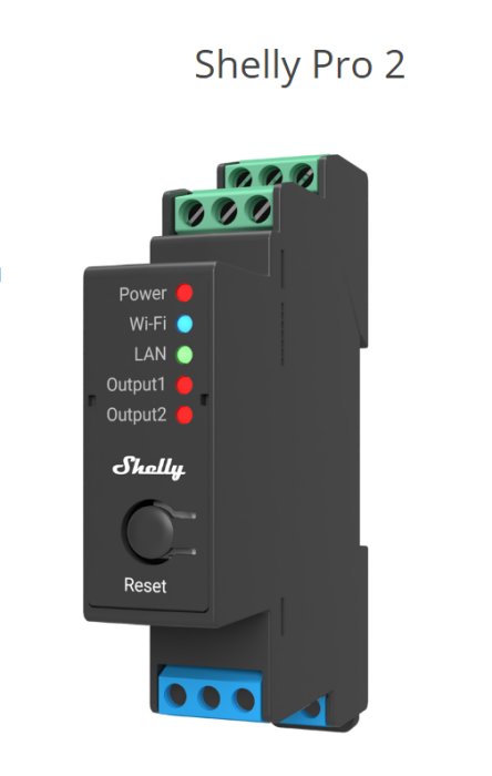 Shelly Pro 2 smart relämodul för appstyrning av belysning, med Wi-Fi och LAN anslutningsindikatorer.