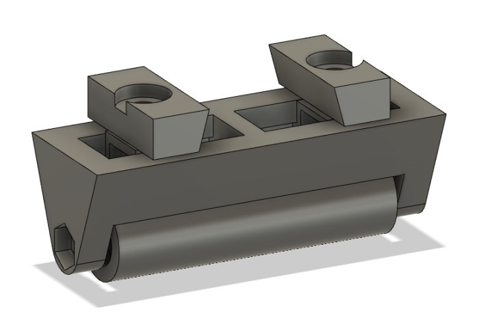 3D-modellerad jigg för slipning av hyvelblad i grått med olika fästen och skruvformer.