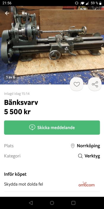 Begagnad bänksvarv placerad på arbetsbänk, till salu för 5500 kr.