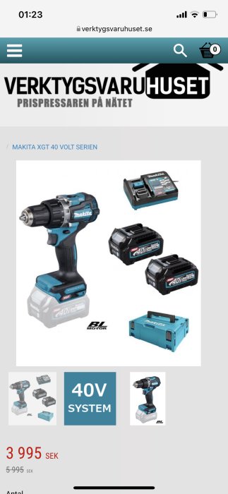 Makita 40V borrmaskin/skruvdragare med batterier och laddare, prisinformation och produktbilder.