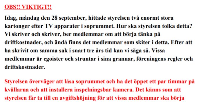 En textutdrag från ett månadsbrev med rödmarkerade stycken om problem med soprumshantering och styrelsens överväganden.