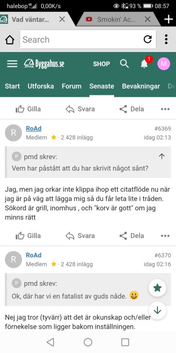 Skärmdump av en diskussionstråd på ett forum med textinlägg och svarsfunktion.