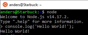 Skärmdump av terminal med Node.js 'Hello World'-programkod som körs.