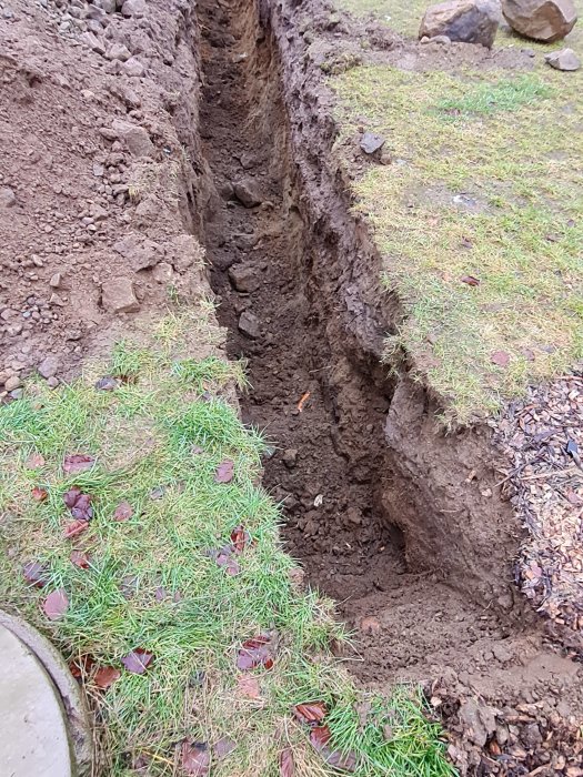 Grävd schakt för anslutning till befintlig trekammarbrunn i trädgård.