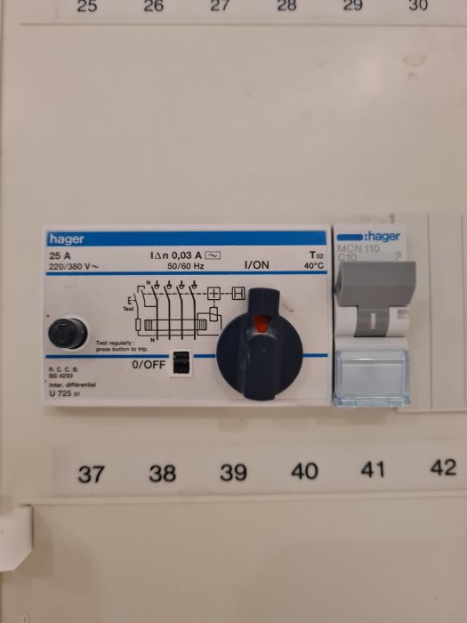 Elektrisk säkerhetsbrytare och automatsäkring i elcentral.