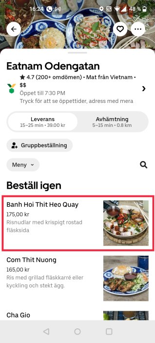 Skärmdump från matbeställningsapp med vietnamesiska rätten Banh Hoi Thit Heo Quay markerad för ombeställning.