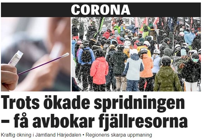Folk i tjocka kläder köar i snön, med en närbild på ett covid-test till vänster.