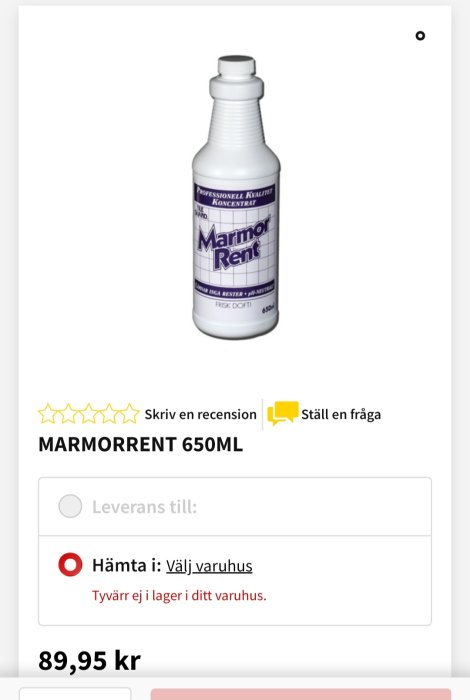 Flaska med Marmor Rent rengöringsmedel för marmorgolv, 650 ml, ej i lager meddelande och pris visas.