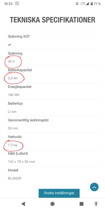 Skärmdump visar tekniska specifikationer för Makita-batteri med 40V och 5Ah kapacitet, markerande vikten 1,3kg.