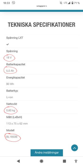 Skärmdump som visar tekniska specifikationer för Makita 18V 5Ah batteri, modell BL1850B.