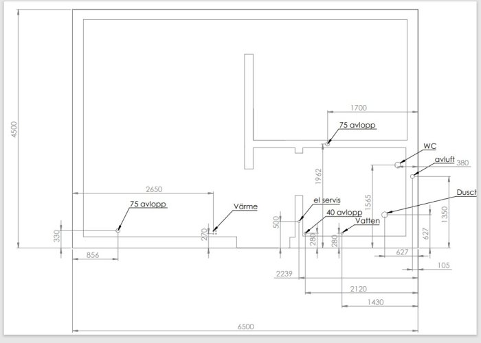 Ritning för bottenplatta med mått för avlopps- och vattenledningar, el samt luftning.