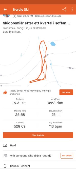 Skärmbild av träningsapp som visar en Nordic Ski-aktivitet med rutt, distans, tid och kaloriförbränning.