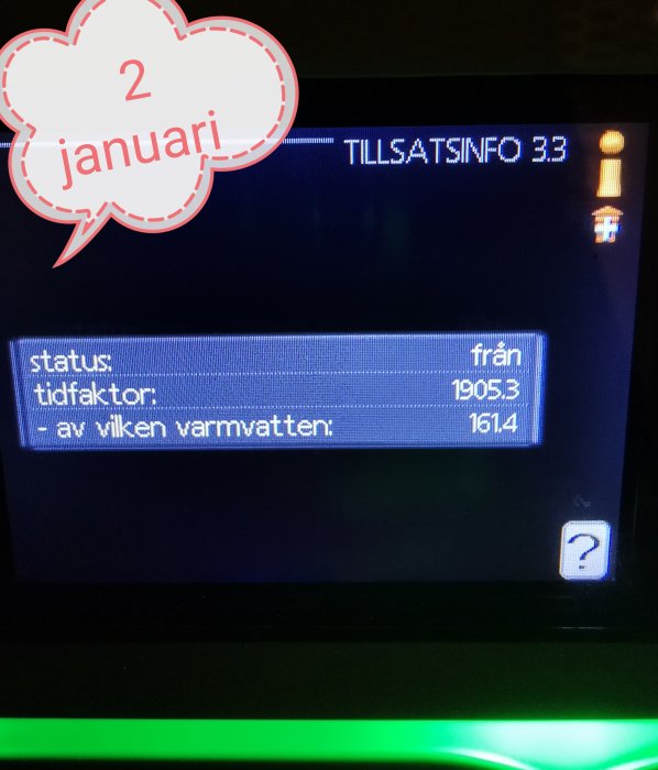 Digital display på en apparat som visar tillsatsinformation med status och tidsfaktorer.